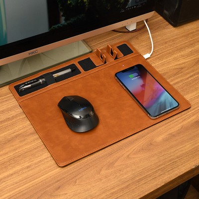 15W Faux Leather Charging Pad with Pen/Phone Holder , 2" 1 Mouse Pad Wireless Charger